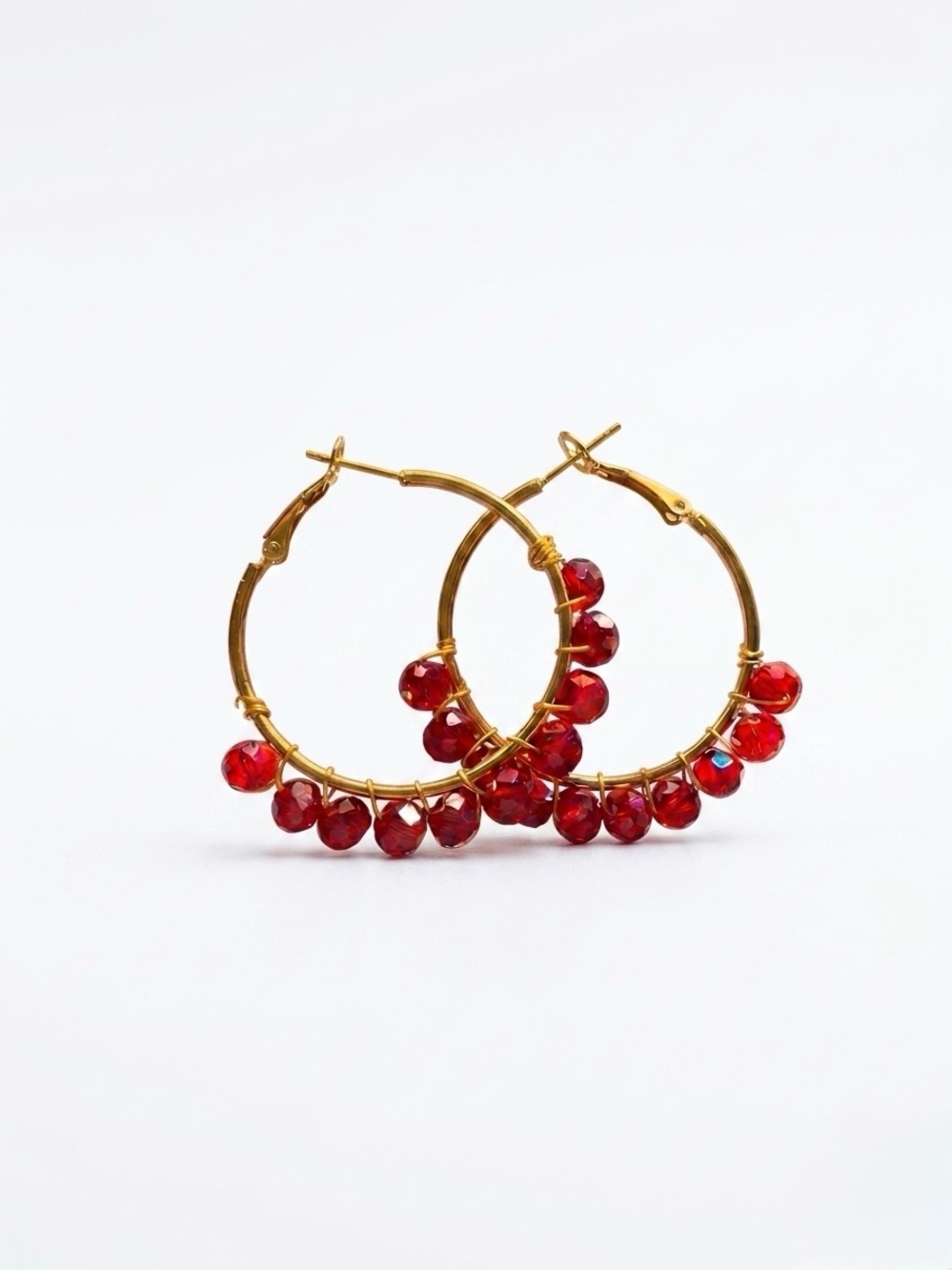 Hand sewn Gold Hoop Earrings with Red Crystal Beads - Women Jewelry